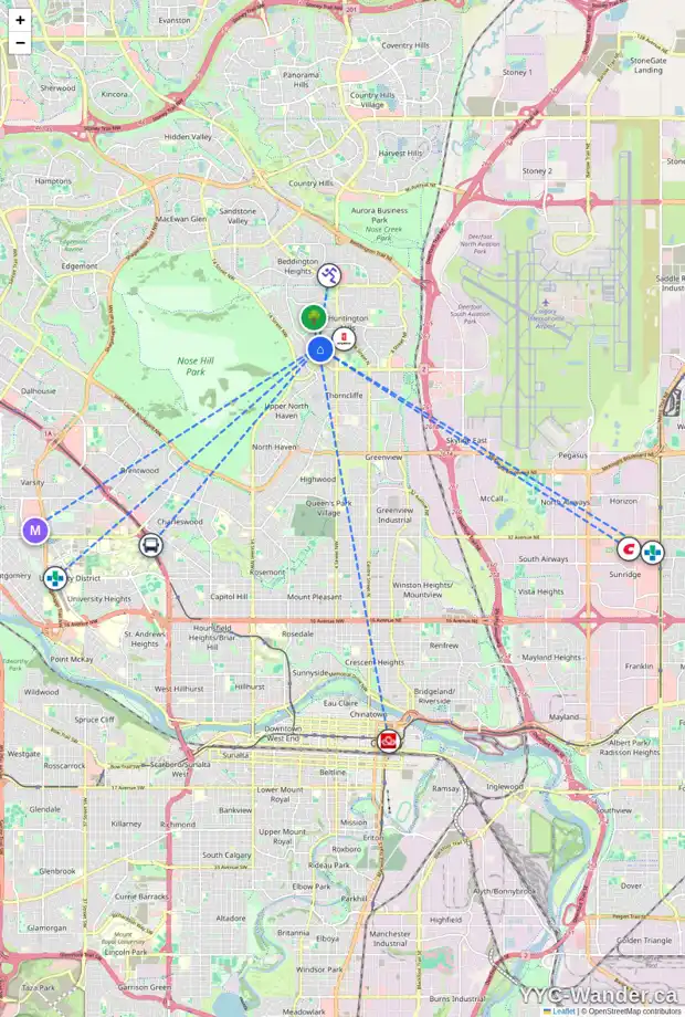 Daily accessibility map for 7004 HUNTERVILLE RD NW, Calgary showing nearby schools, grocery stores, parks, LRT stations and nearby amenities