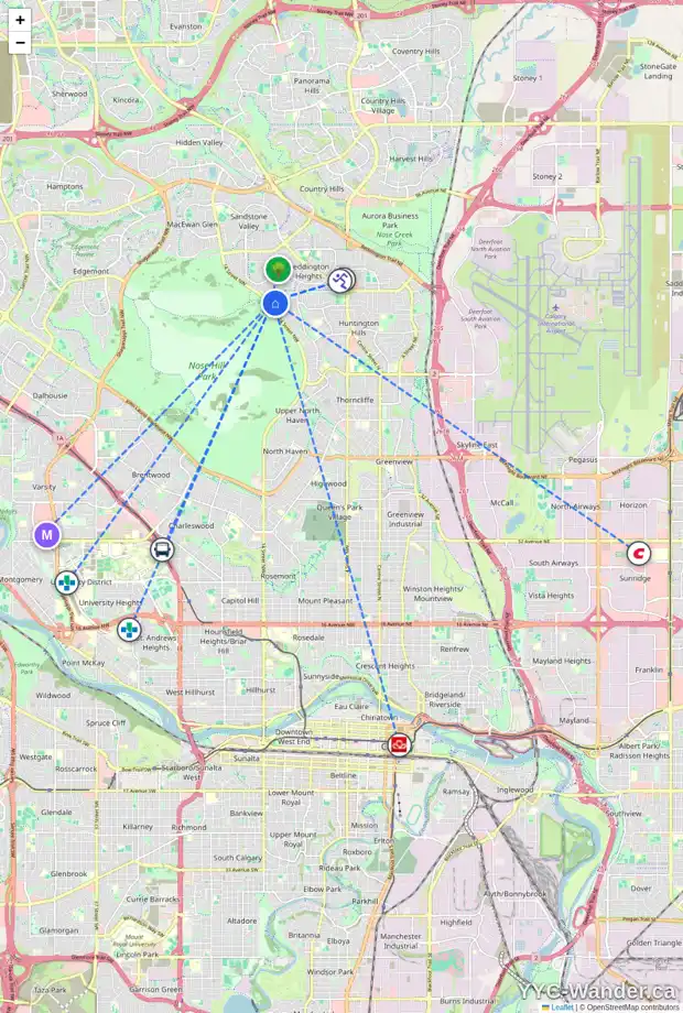 Daily accessibility map for 320 HUNTERBROOK PL NW, Calgary showing nearby schools, grocery stores, parks, LRT stations and nearby amenities