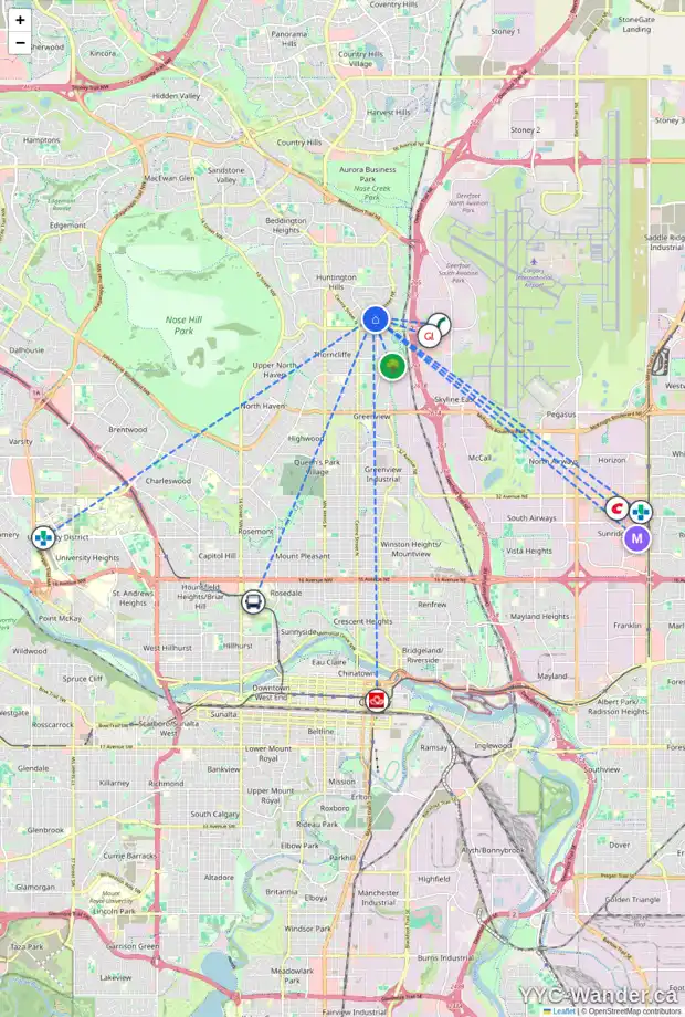 Daily accessibility map for 6711 HUNTCHESTER RD NE, Calgary showing nearby schools, grocery stores, parks, LRT stations and nearby amenities