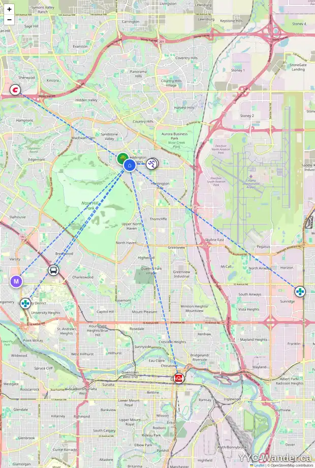 Daily accessibility map for 16 BERMONDSEY RD NW, Calgary showing nearby schools, grocery stores, parks, LRT stations and nearby amenities