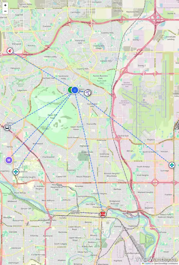 Daily accessibility map for 39 BERWICK PL NW, Calgary showing nearby schools, grocery stores, parks, LRT stations and nearby amenities