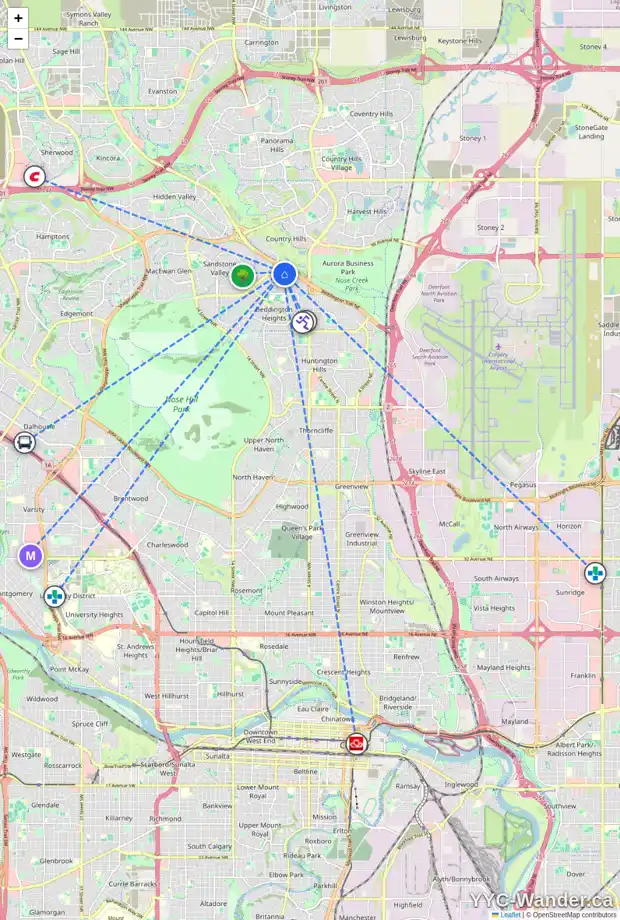 Daily accessibility map for 444 BERNARD ME NW, Calgary showing nearby schools, grocery stores, parks, LRT stations and nearby amenities