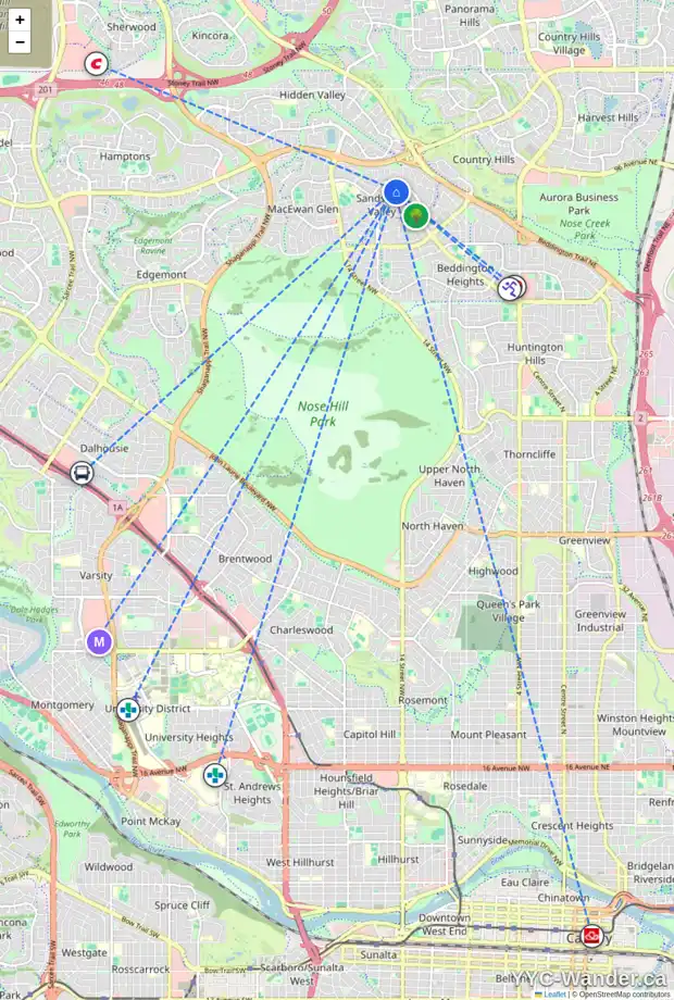 Daily accessibility map for 75 SANDPIPER WY NW, Calgary showing nearby schools, grocery stores, parks, LRT stations and nearby amenities