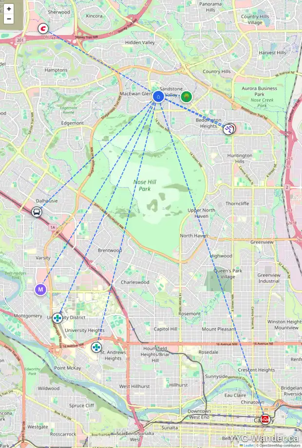 Daily accessibility map for 119 SANDRINGHAM PL NW, Calgary showing nearby schools, grocery stores, parks, LRT stations and nearby amenities