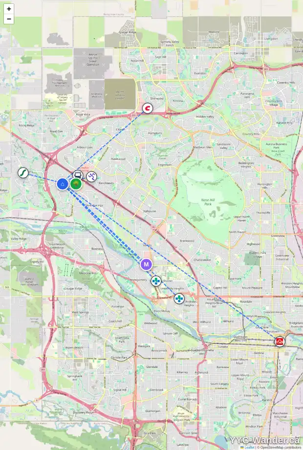 Daily accessibility map for 65 SCRIPPS LD NW, Calgary showing nearby schools, grocery stores, parks, LRT stations and nearby amenities