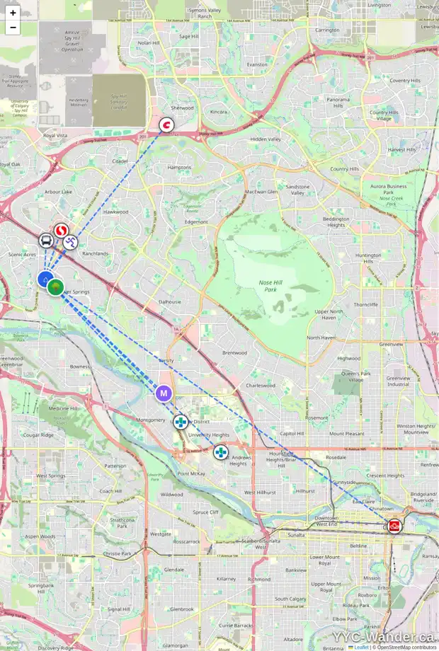 Daily accessibility map for 115 SILVERCREEK DR NW, Calgary showing nearby schools, grocery stores, parks, LRT stations and nearby amenities