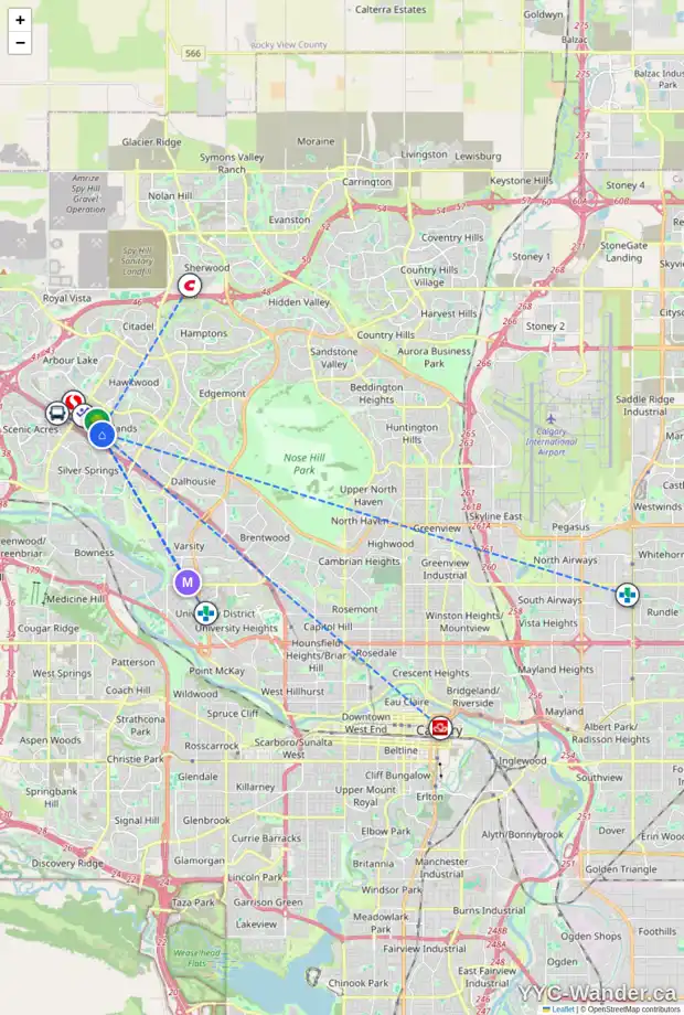 Daily accessibility map for 33 RANCHERO GR NW, Calgary showing nearby schools, grocery stores, parks, LRT stations and nearby amenities