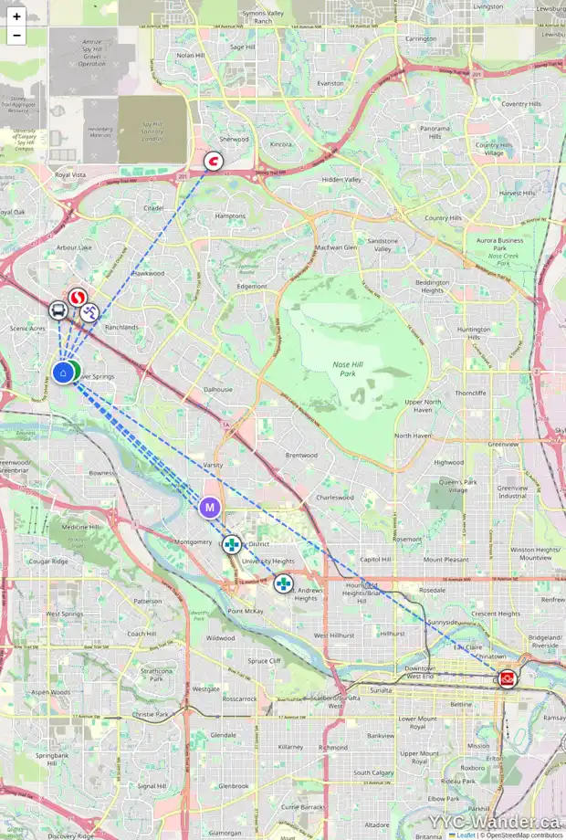 Daily accessibility map for 8436 64 AV NW, Calgary showing nearby schools, grocery stores, parks, LRT stations and nearby amenities