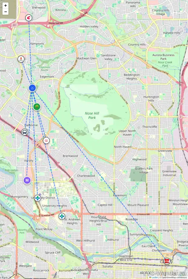 Daily accessibility map for 34 EDGEWOOD RI NW, Calgary showing nearby schools, grocery stores, parks, LRT stations and nearby amenities