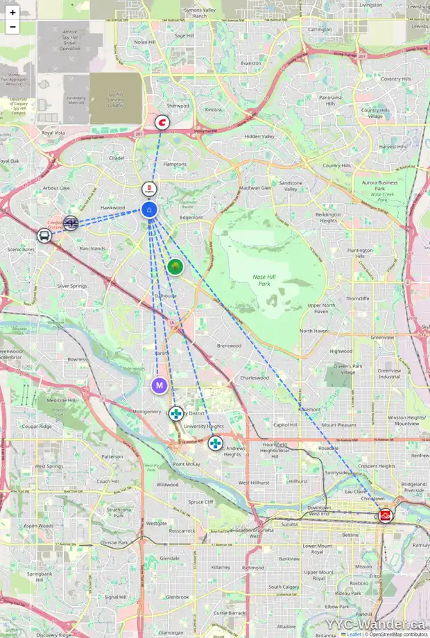 Daily accessibility map for 315 HAWKHILL PL NW, Calgary showing nearby schools, grocery stores, parks, LRT stations and nearby amenities