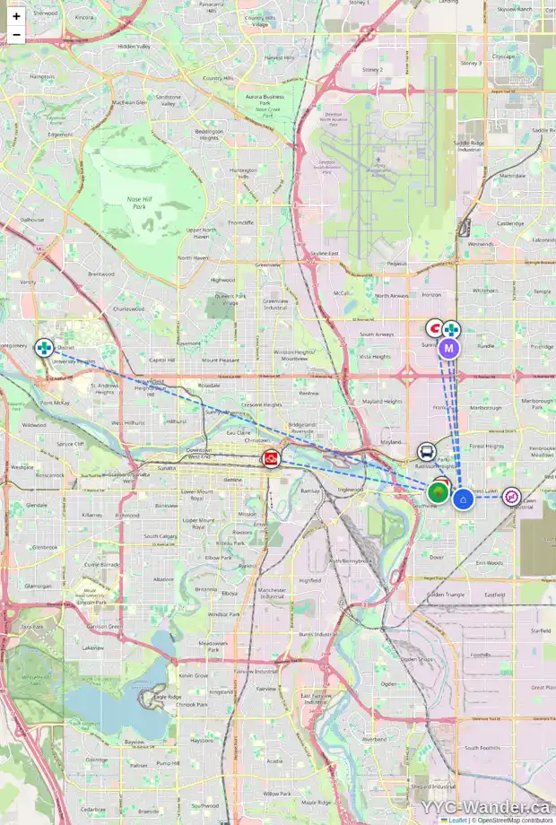 Daily accessibility map for 3811 19 AV SE, Calgary showing nearby schools, grocery stores, parks, LRT stations and nearby amenities