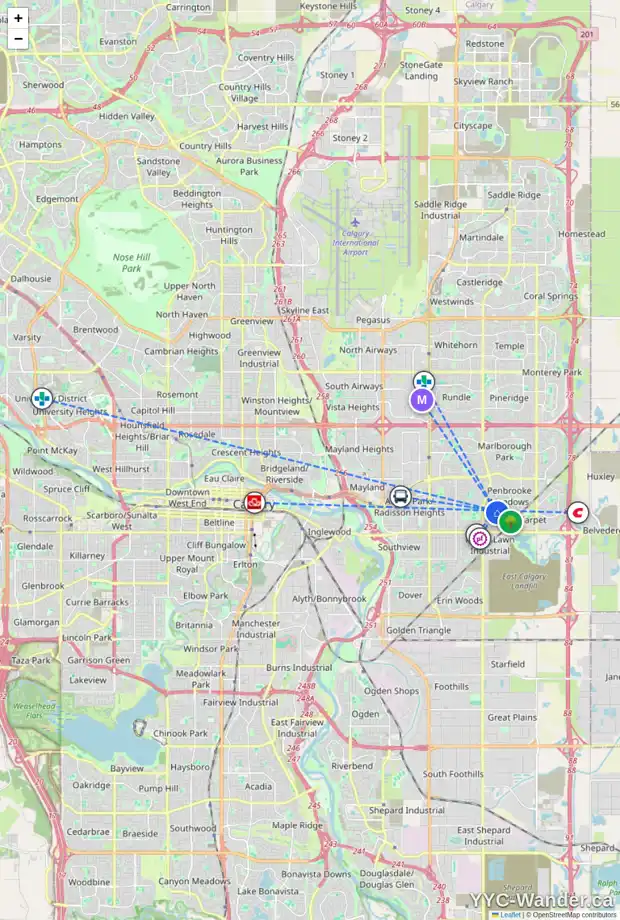 Daily accessibility map for 1031 PENSDALE CR SE, Calgary showing nearby schools, grocery stores, parks, LRT stations and nearby amenities
