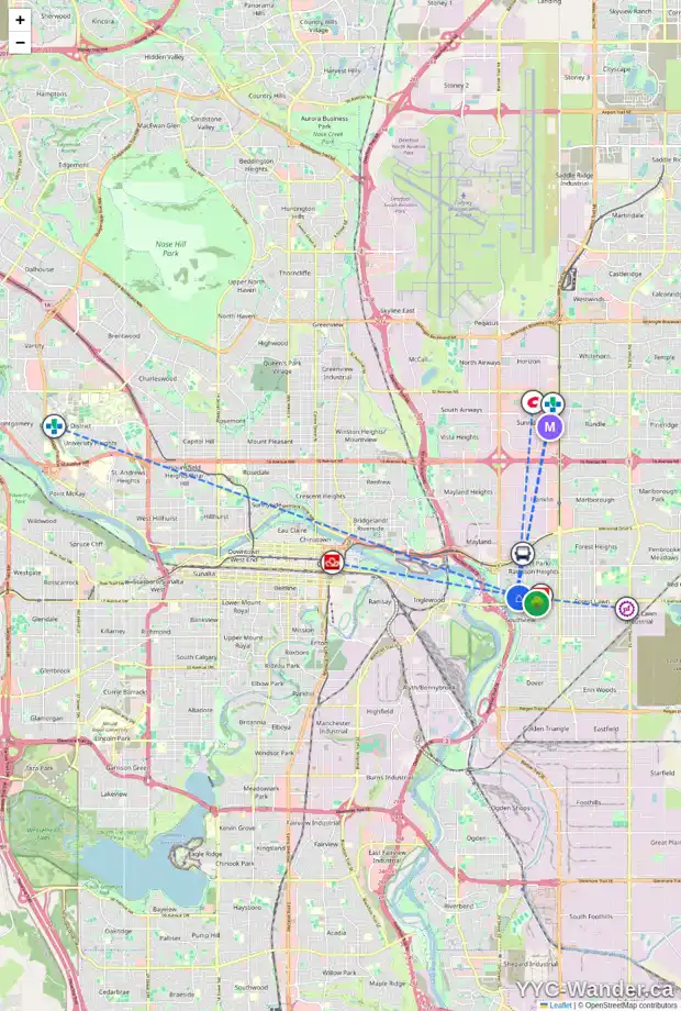 Daily accessibility map for 2738 16 AV SE, Calgary showing nearby schools, grocery stores, parks, LRT stations and nearby amenities