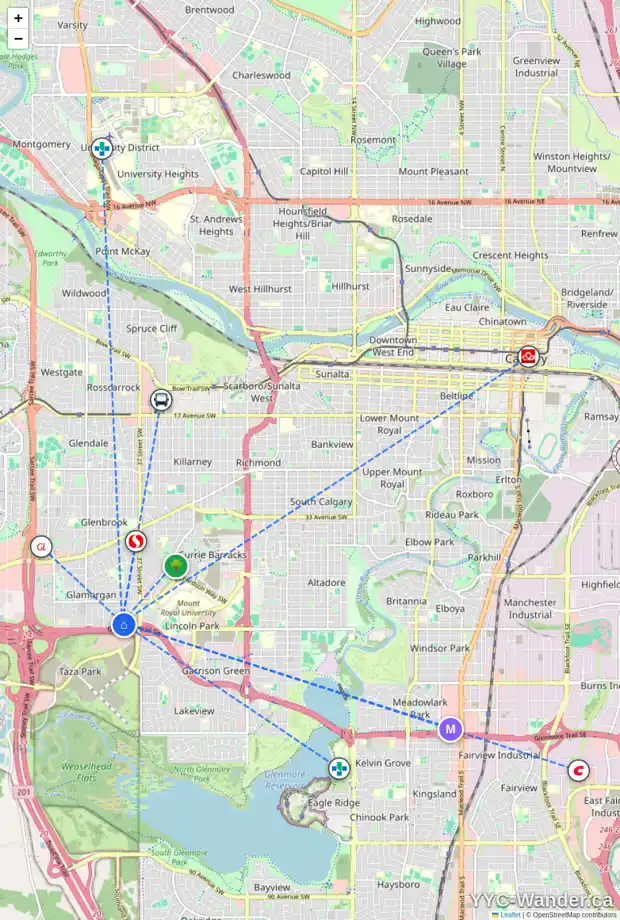 Daily accessibility map for 91 GALBRAITH DR SW, Calgary showing nearby schools, grocery stores, parks, LRT stations and nearby amenities