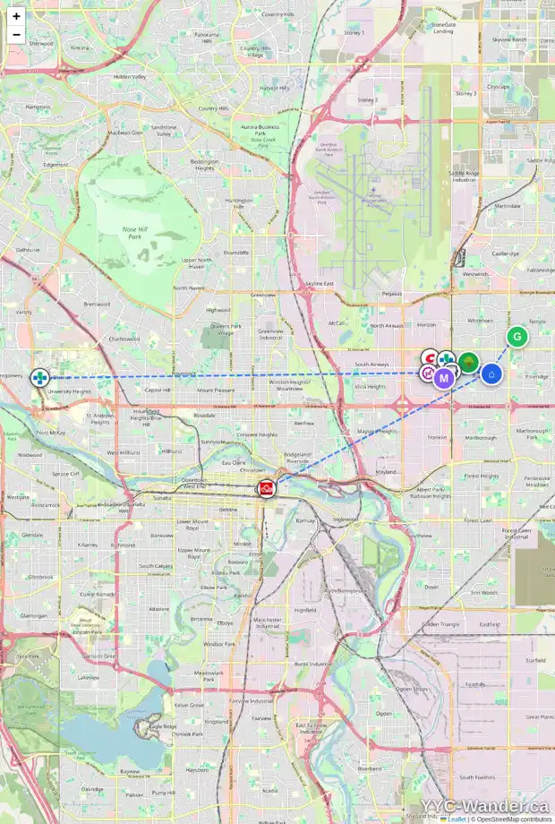Daily accessibility map for 18 336 RUNDLEHILL DR NE, Calgary showing nearby schools, grocery stores, parks, LRT stations and nearby amenities
