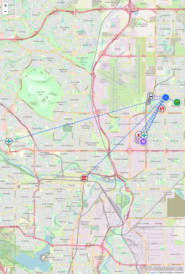 Daily accessibility map for 152 CASTLERIDGE DR NE, Calgary showing nearby schools, grocery stores, parks, LRT stations and nearby amenities