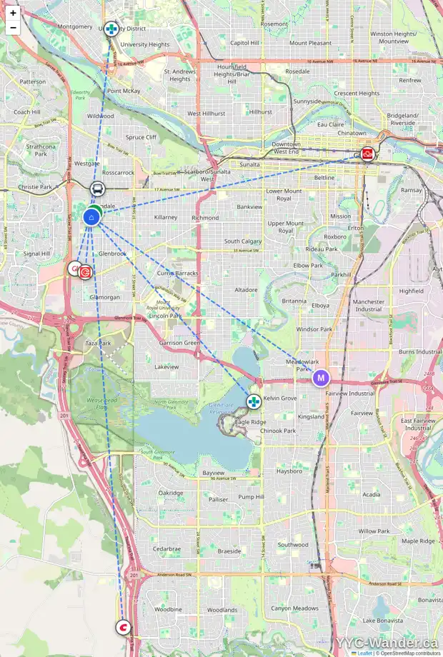 Daily accessibility map for 82 GLADYS RIDGE RD SW, Calgary showing nearby schools, grocery stores, parks, LRT stations and nearby amenities
