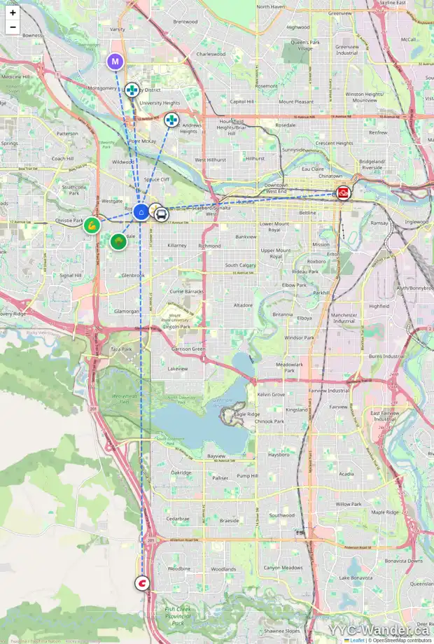 Daily accessibility map for 1411 40 ST SW, Calgary showing nearby schools, grocery stores, parks, LRT stations and nearby amenities