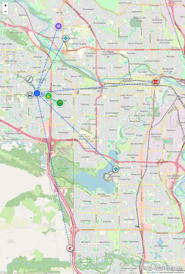 Daily accessibility map for 187 CHRISTIE PARK VW SW, Calgary showing nearby schools, grocery stores, parks, LRT stations and nearby amenities