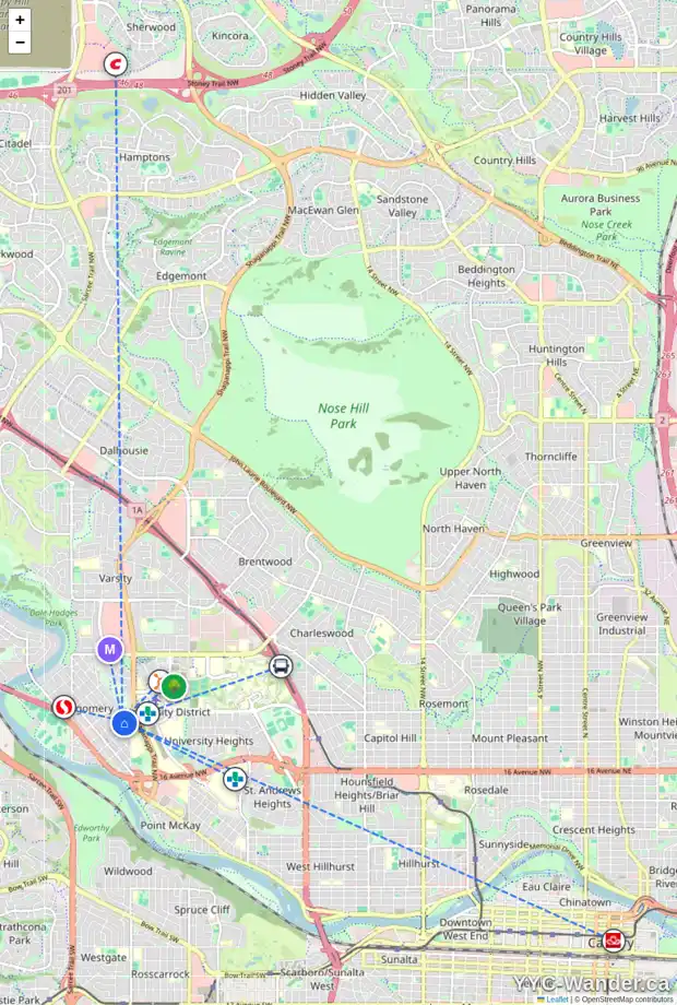 Daily accessibility map for 4531 22 AV NW, Calgary showing nearby schools, grocery stores, parks, LRT stations and nearby amenities