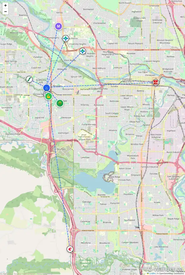 Daily accessibility map for 715 STRATHCONA DR SW, Calgary showing nearby schools, grocery stores, parks, LRT stations and nearby amenities