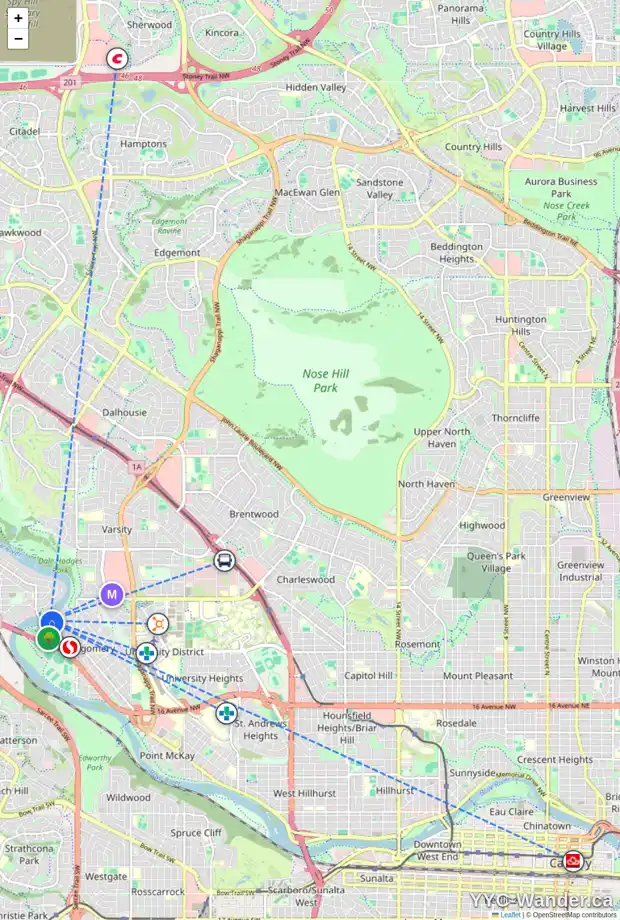 Daily accessibility map for 64 BOW LD NW, Calgary showing nearby schools, grocery stores, parks, LRT stations and nearby amenities