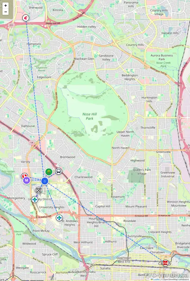 Daily accessibility map for 6 VARBROOK PL NW, Calgary showing nearby schools, grocery stores, parks, LRT stations and nearby amenities