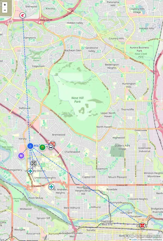 Daily accessibility map for 22 VARSHAVEN PL NW, Calgary showing nearby schools, grocery stores, parks, LRT stations and nearby amenities