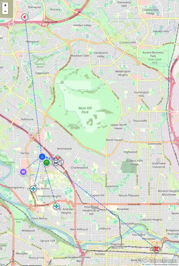 Daily accessibility map for 3831 VARSITY DR NW, Calgary showing nearby schools, grocery stores, parks, LRT stations and nearby amenities
