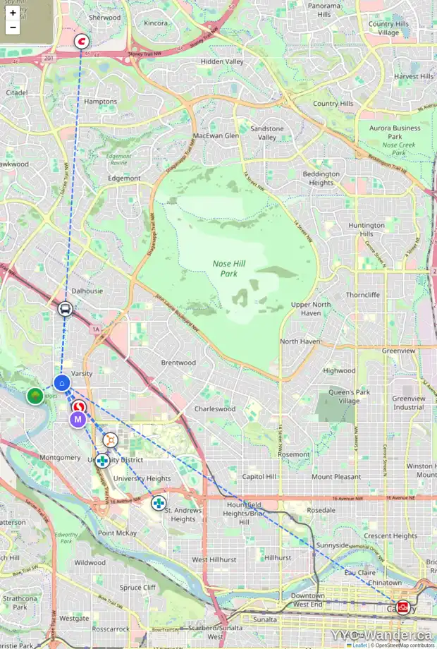 Daily accessibility map for 4219 52 ST NW, Calgary showing nearby schools, grocery stores, parks, LRT stations and nearby amenities