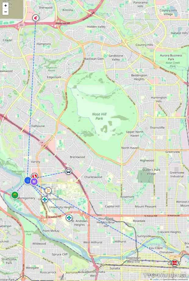 Daily accessibility map for 10 VARNA PL NW, Calgary showing nearby schools, grocery stores, parks, LRT stations and nearby amenities