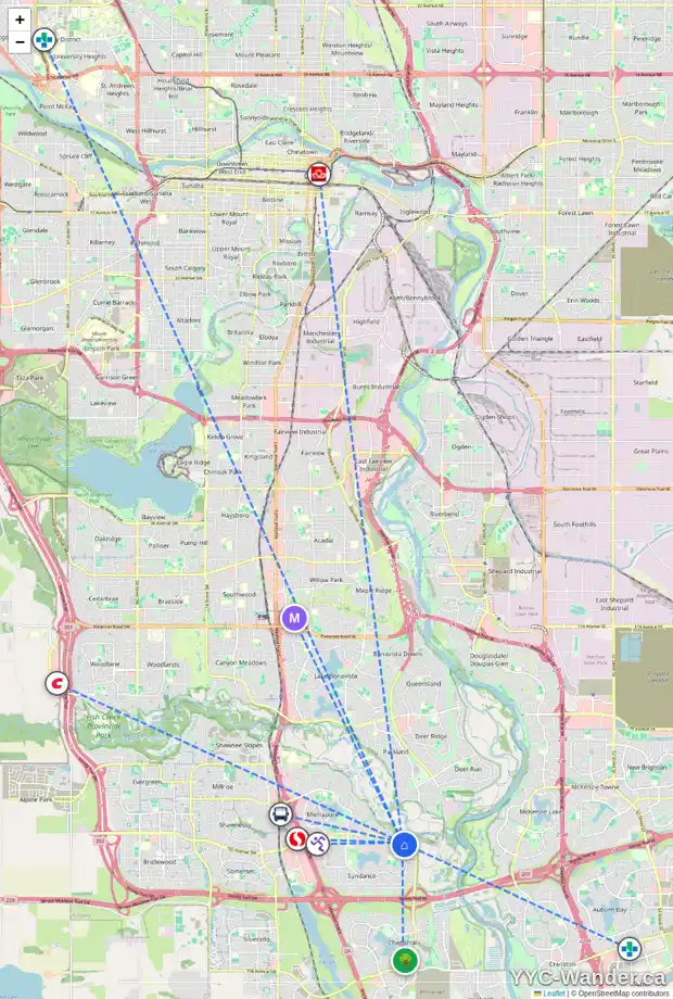 Daily accessibility map for 82 SUN CANYON WY SE, Calgary showing nearby schools, grocery stores, parks, LRT stations and nearby amenities