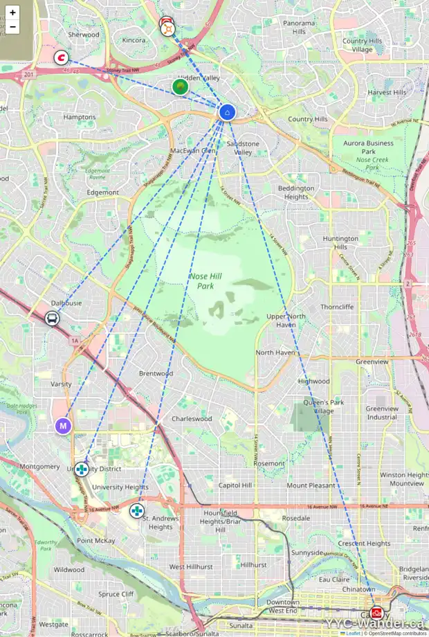 Daily accessibility map for 184 HIDDEN VALE CL NW, Calgary showing nearby schools, grocery stores, parks, LRT stations and nearby amenities