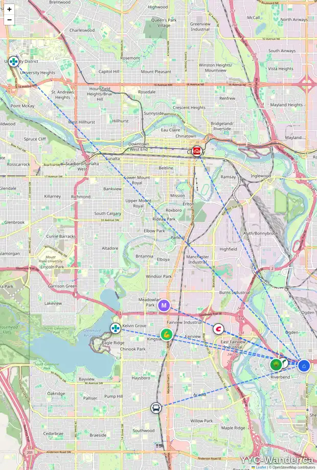 Daily accessibility map for 42 RIVERCREST PL SE, Calgary showing nearby schools, grocery stores, parks, LRT stations and nearby amenities
