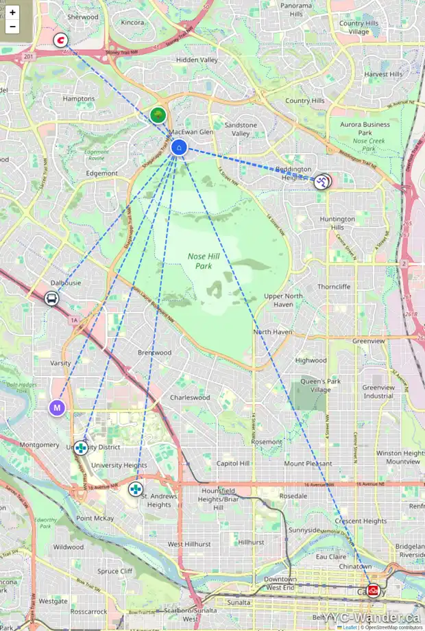 Daily accessibility map for 164 MACEWAN PARK VW NW, Calgary showing nearby schools, grocery stores, parks, LRT stations and nearby amenities
