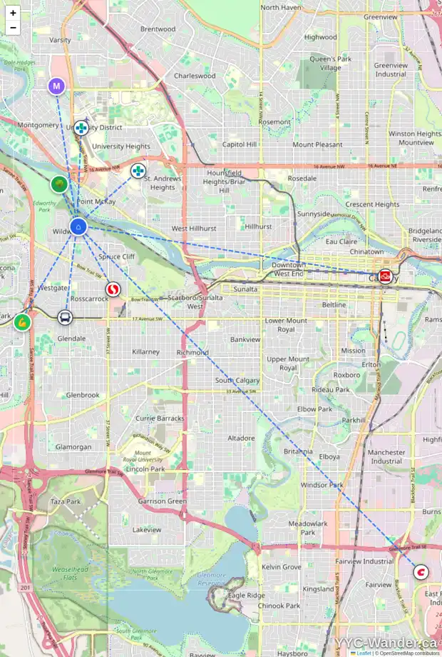 Daily accessibility map for 168 WILDWOOD DR SW, Calgary showing nearby schools, grocery stores, parks, LRT stations and nearby amenities