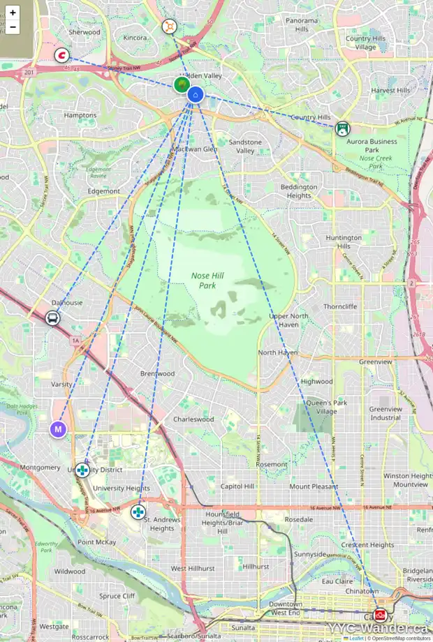 Daily accessibility map for 20 HIDDEN PA NW, Calgary showing nearby schools, grocery stores, parks, LRT stations and nearby amenities