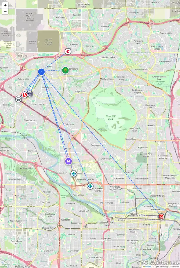 Daily accessibility map for 166 ARBOUR RIDGE PA NW, Calgary showing nearby schools, grocery stores, parks, LRT stations and nearby amenities
