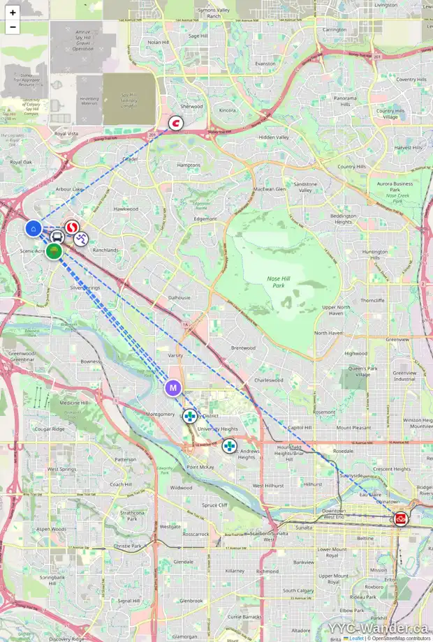 Daily accessibility map for 202 SCENIC VIEW BA NW, Calgary showing nearby schools, grocery stores, parks, LRT stations and nearby amenities