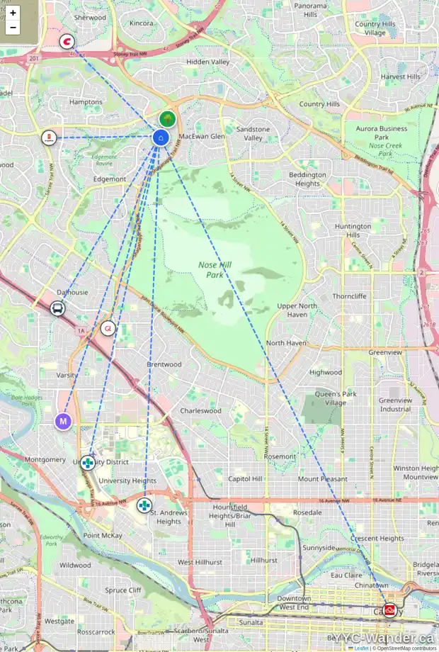 Daily accessibility map for 314 EDGEBROOK PA NW, Calgary showing nearby schools, grocery stores, parks, LRT stations and nearby amenities