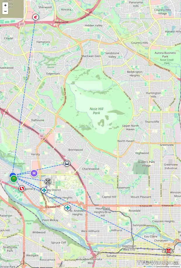 Daily accessibility map for 5820 BOWNESS RD NW, Calgary showing nearby schools, grocery stores, parks, LRT stations and nearby amenities