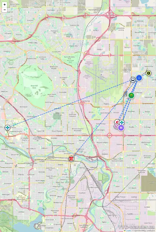 Daily accessibility map for 111 MARTIN CROSSING CL NE, Calgary showing nearby schools, grocery stores, parks, LRT stations and nearby amenities