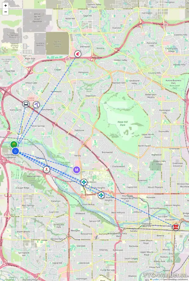 Daily accessibility map for 8908 33 AV NW, Calgary showing nearby schools, grocery stores, parks, LRT stations and nearby amenities