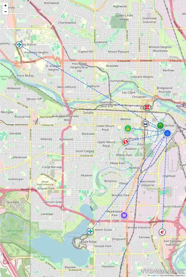 Daily accessibility map for 803A 21 AV SE, Calgary showing nearby schools, grocery stores, parks, LRT stations and nearby amenities