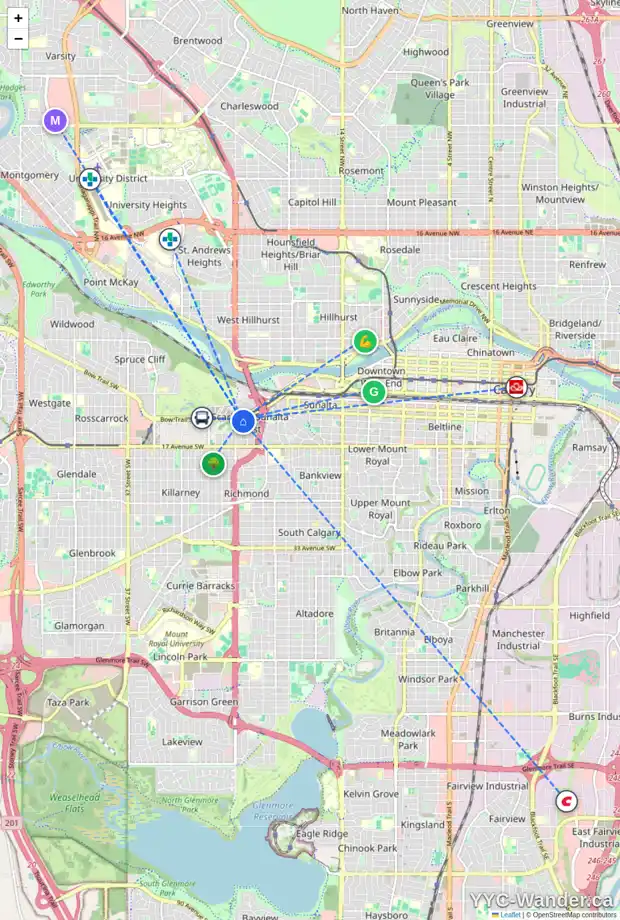 Daily accessibility map for 1405 23 ST SW, Calgary showing nearby schools, grocery stores, parks, LRT stations and nearby amenities