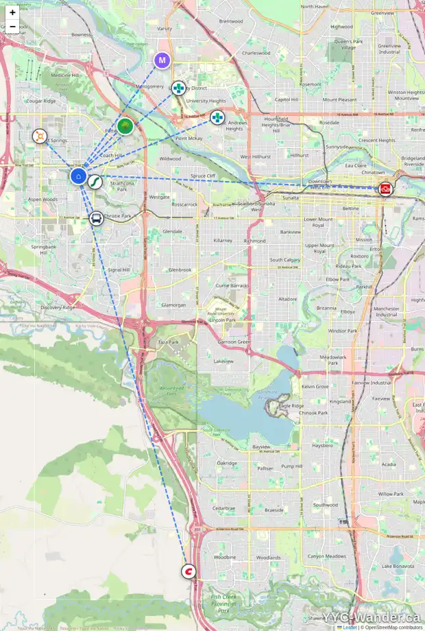 Daily accessibility map for 67 STRATHRIDGE GD SW, Calgary showing nearby schools, grocery stores, parks, LRT stations and nearby amenities