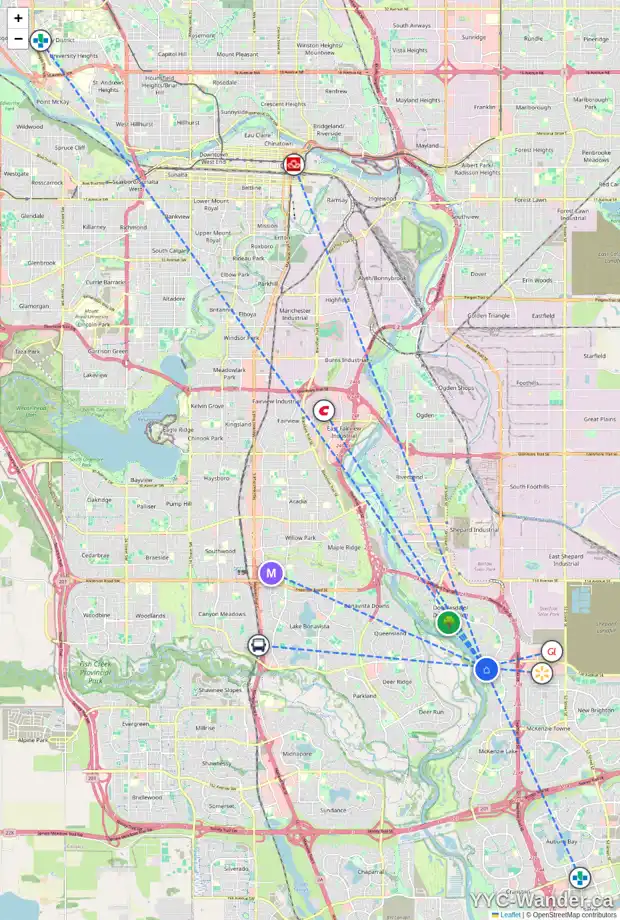Daily accessibility map for 36 MT DOUGLAS PT SE, Calgary showing nearby schools, grocery stores, parks, LRT stations and nearby amenities