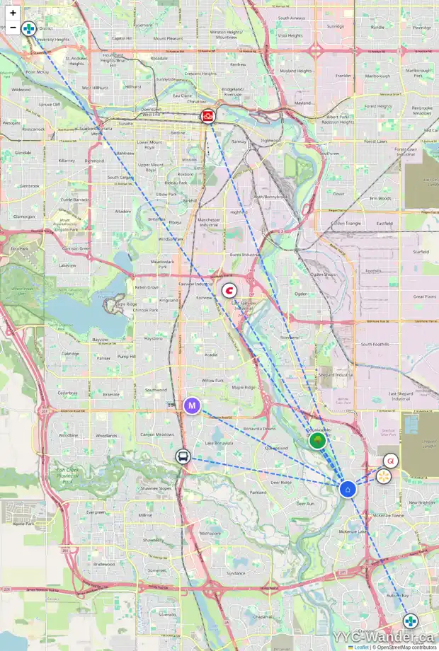 Daily accessibility map for 73 MT DOUGLAS CI SE, Calgary showing nearby schools, grocery stores, parks, LRT stations and nearby amenities