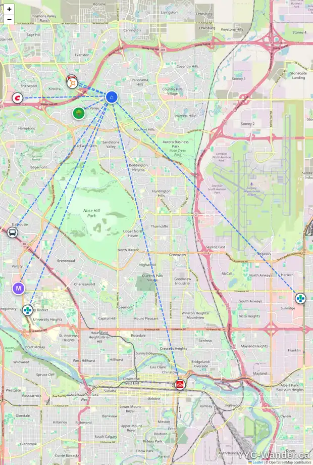 Daily accessibility map for 132 HIDDEN CREEK PA NW, Calgary showing nearby schools, grocery stores, parks, LRT stations and nearby amenities