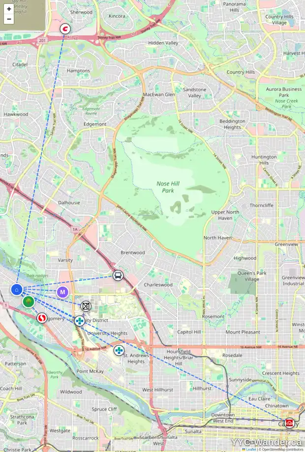 Daily accessibility map for 6311 34 AV NW, Calgary showing nearby schools, grocery stores, parks, LRT stations and nearby amenities